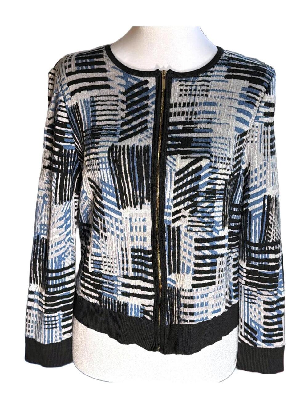 St. John Wool Knit Zip Front Cardigan Sweater Jacket With Geometric Print Size M